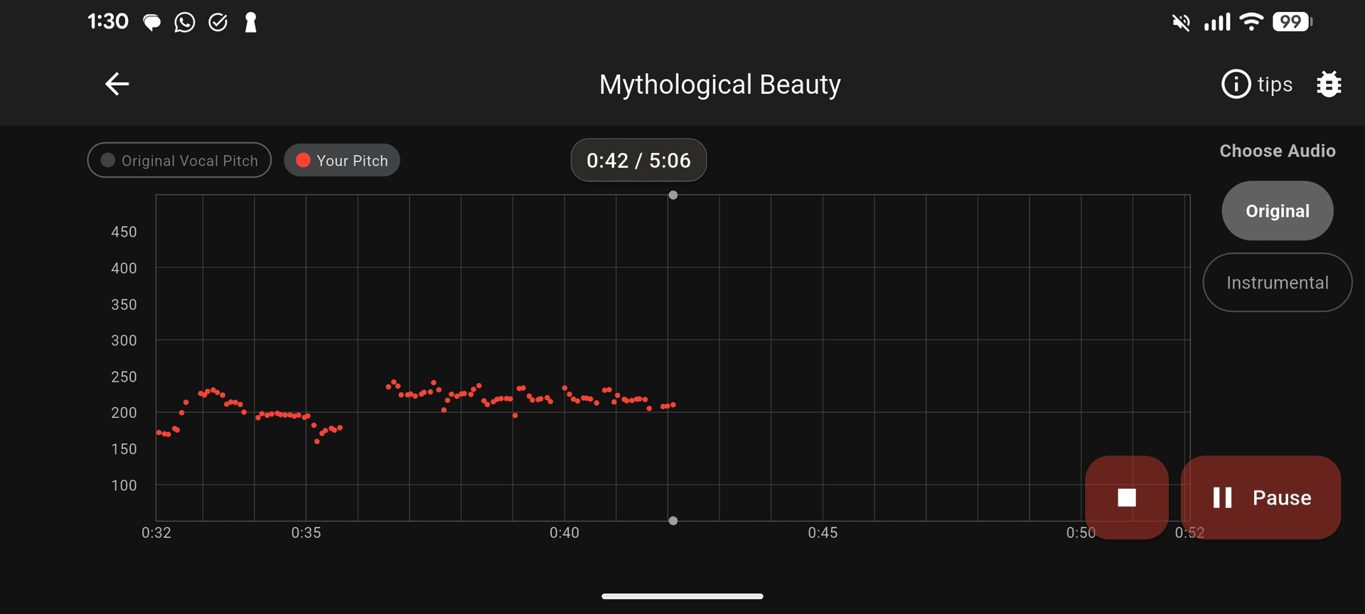 Pitchy app pitch tracking without reference line for independent practice