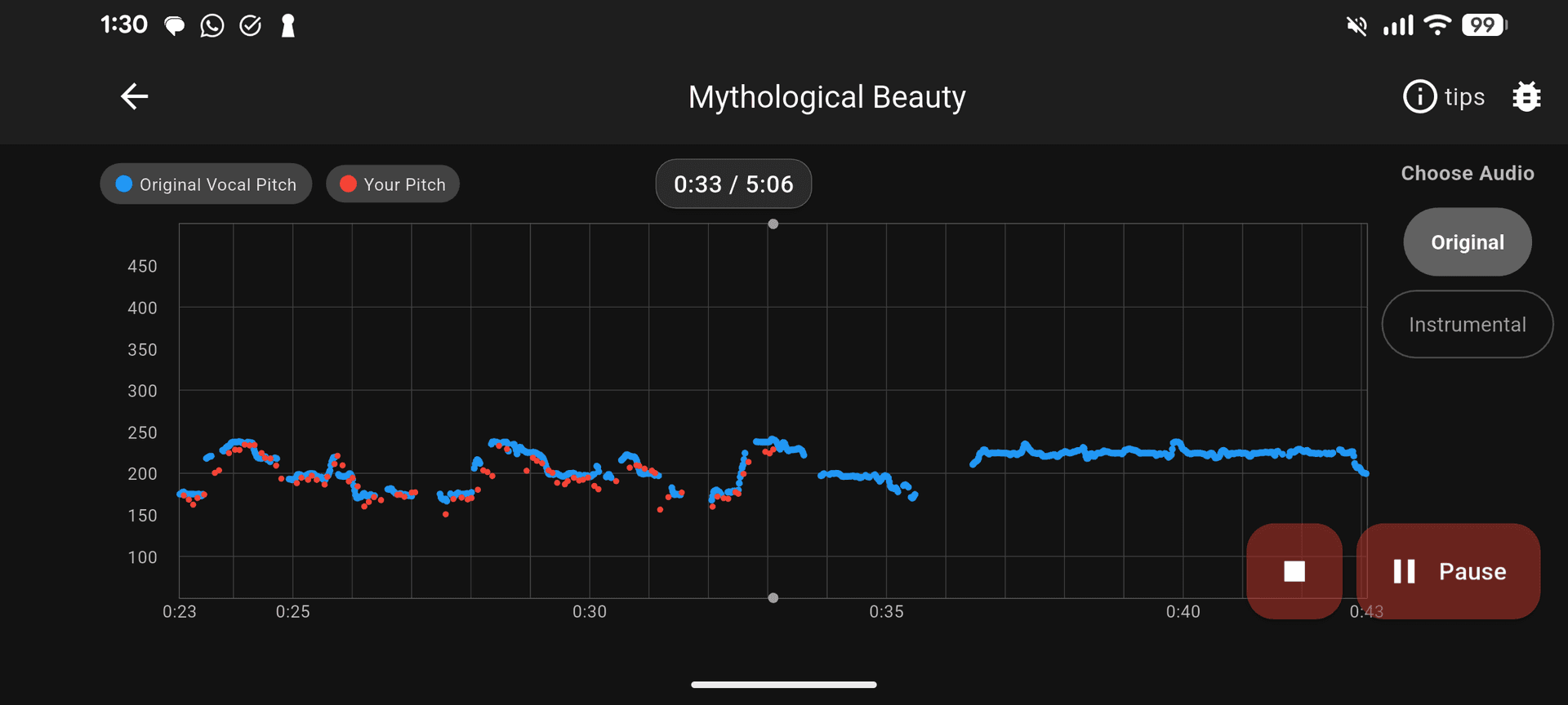 Pitchy app showing real-time pitch tracking of user's voice against reference pitches extracted from the original song